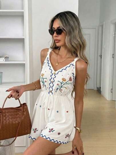 Franclia Women's Spring/Summer Island Resort Imitation Embroidery Floral Print Twist Shoulder Strap Cinched Waist Jumpsuit,2026 New Jumpsuit,Summer Holiday Outfits Jumpsuit,Spring Outfit Women Jumpsuit,Beach Jumpsuit,Birthday Jumpsuit,Going Out Jumpsuit For Women,Elegant Commuter/Vacation Casual Jumpsuit,Suitable For Women's Graduation,Elegant,Fashion,Casual,Daily Casual,Versatile,Stylish Urban,Gentle Tropical Palm Tree Beach Vacation White Boho Dress Summer Vacation Dress Women Women Vacation Dress