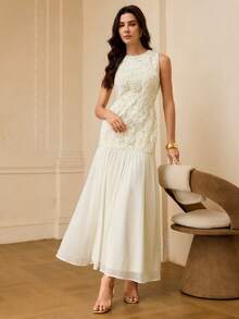 ZEYLAH Đầm chiffon không tay dáng ôm, thêu ren 3D họa tiết hoa mới, dành cho nữ, bộ sưu tập Xuân/Hè. - Màu be - Xem 6