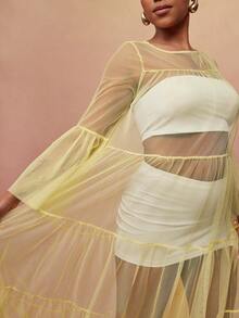 Vixey Sheer Mesh Bell Sleeve Tiered Flowy Layering Dress - Yellow - View 5