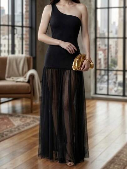 Vestido Largo Ajustado Semitransparentes de Hombros Descubiertos de Un Tirante para Mujer