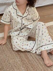 DAZY 男童卡通熊短袖纽扣上衣和裤子睡衣套装 夏季 - 杏色 - 查看 1