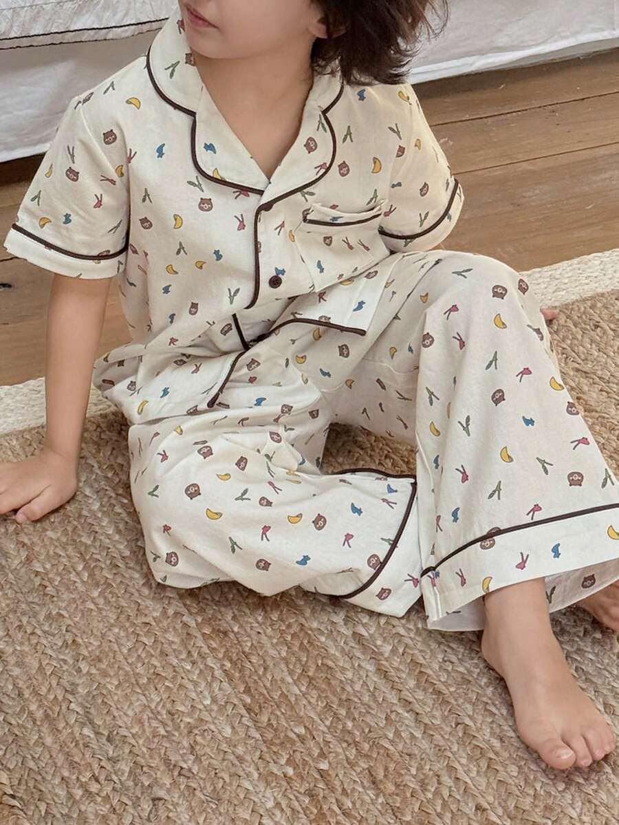 DAZY 男童卡通熊短袖纽扣上衣和裤子睡衣套装 夏季 - 杏色 - 查看 1