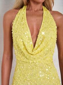 SHEIN Glamour 女士亮片露背系带性感迷你连衣裙，适合约会和派对 - 黃色 - 查看 4