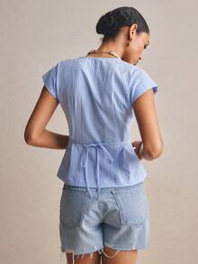 Poéselle 女士V领前开襟纽扣修身休闲短袖衬衫，夏季 - 藍色 - 查看 4