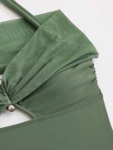 Swim Oasis 橄榄绿针织面料，银色不对称配饰，露肩吊带连体泳衣，褶皱网纱镂空设计，腰部褶皱长款轻盈网纱裙，春夏款 - 綠色 - 查看 6