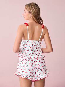Bonmuse Cherry Printed Frilled Trim Decor Women Pajama Set Holiday Seasonfor Summer - Multicolor - View 2