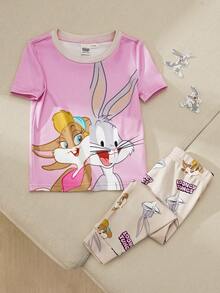 LOONEY TUNES X SHEIN Baby Girl Summer Casual Contrast Trim Rabbit Print Short Sleeve T-Shirt And Pants Pajama Set - Pink - View 1