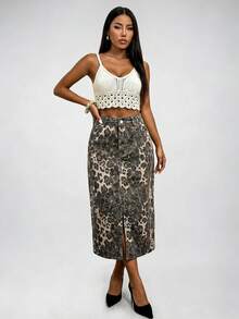 SHEIN ICON 女士豹纹开衩牛仔裙 - 彩色 - 查看 3