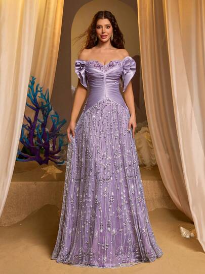 Glamrae Elegant Light Gray-Purple Luxury 3D Beaded Embroidery, Wide Strap Square Neck Bask Waist Handmade Woven Rope Belt Super Flared A-Line Skirt, Suitable For Dates, Vacations, Singles Parties, Weddings, Women's Evening Gown