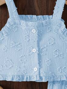 SHEIN Elladie kids 女童淺藍色針織兩件套，無袖荷葉邊細肩帶短版上衣與鬆緊腰寬腿褲套裝，紋理夏日套裝 - 淺藍色 - 查看 3