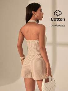 SHEIN PETITE 2 piezas Conjunto casual de mujer con top corto de halter con decoración de metal a rayas y shorts. Conjunto de top sin mangas y shorts de verano. Conjunto de chaleco y shorts a rayas para mujer en verano - Multicolor - Ver 2