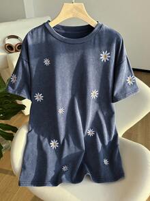 SHEIN EZwear 大码女式圆领花卉刺绣休闲百搭日常短袖T恤，夏季 - 藏蓝色 - 查看 4