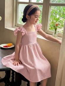 LMoss Kids 女童纯色方领荷叶边下摆休闲连衣裙 - 淺粉色 - 查看 6