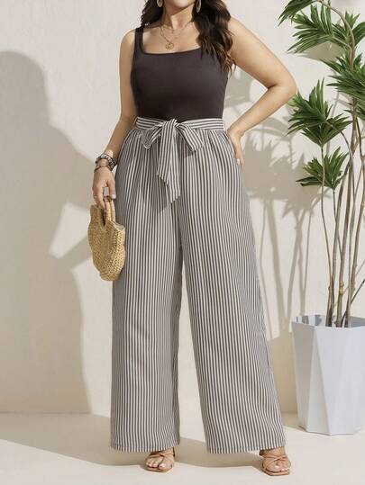 Comfylo 大码纯色条纹拼接无袖连体裤