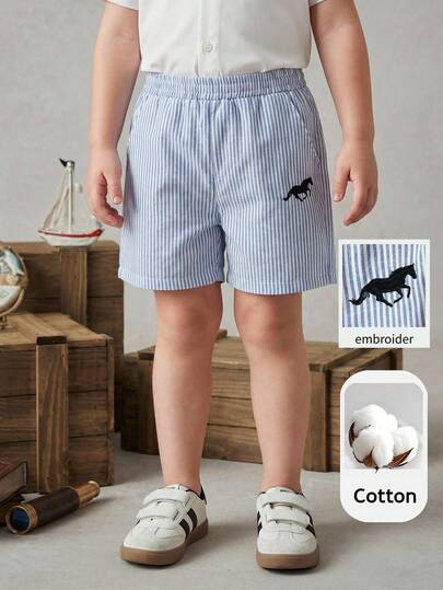 PrepCrw 1件装男童优雅条纹梭织休闲短裤，带口袋，直筒裤型，轻便舒适，适合外出、度假、摄影、上学、运动、聚会、春夏等多种场合。
