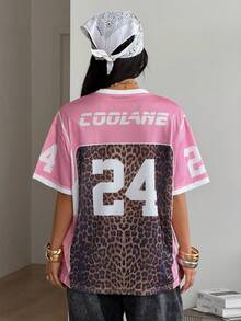 Coolane 女款與男款夏季街頭風粉色與棕色豹紋數字圖案網眼寬鬆版球衣T恤，城市度假Y2K學院風賽事日休閒上衣 - 彩色 - 查看 6