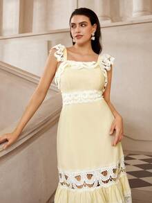 VOLUPTÉ CURVE 大码春夏连衣裙，复古花卉蕾丝拼接荷叶边袖镂空长裙，适合度假、派对、约会、休闲穿着 - 黃色 - 查看 4