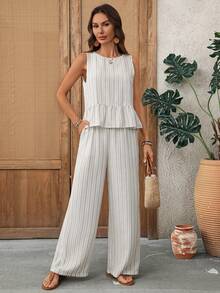 EMERY ROSE 女士度假条纹荷叶边吊带背心和阔腿裤休闲两件套 - 卡其色 - 查看 5