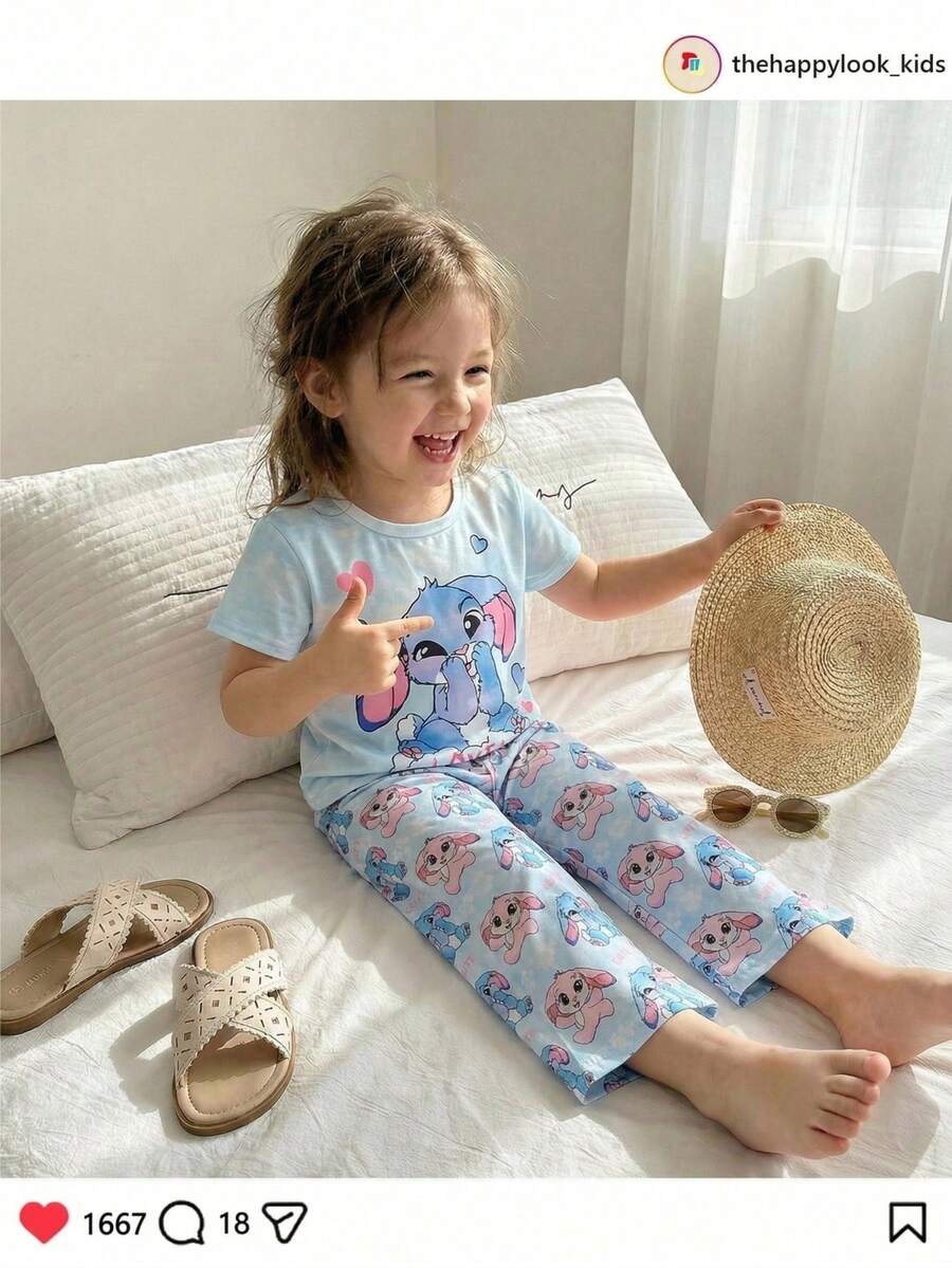 THE HAPPY LOOK Set de 2 piezas con parte superior de manga corta de cuello redondo suave y estampado de animales de dibujos animados, y pantalones de cintura elástica para niña joven - Multicolor - Ver 1