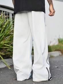 Devon Thys 男士撞色字母印花拉链阔腿裤，街头风格，秋季 - 白色 - 查看 2
