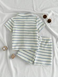 SHEIN Vintaside Kids 男女宝宝通用新生儿至1岁套装，杏色短袖上衣和短裤套装，质感面料，适合宝宝夏季外出穿着，为服装增添质感和品质 - 彩色 - 查看 2