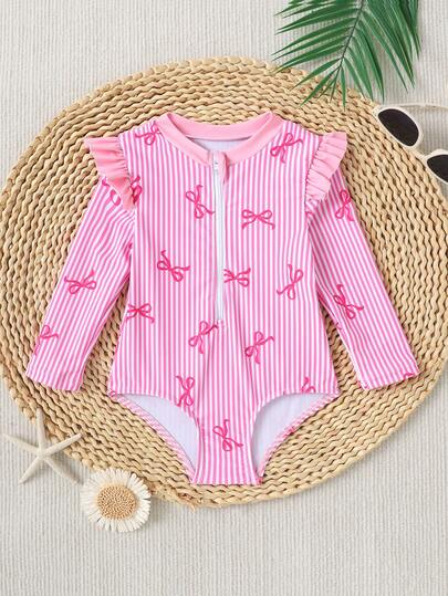 Emery Rose Kids Emery Rose Kids Baby Girls' Contrast Ruffle Zipper Romper Swimsuit, Cute Bow Print, Long Sleeve Beach Vacation Style Baby Girl Swimwear, Sun Protection Swimsuit, Baby Girl Swimsuit, Cruise Theme Baby Clothes, Vacation Theme Baby Swimwear, Underwater Theme Baby Girl Swimsuit, Baby Girl Long Sleeve Swimsuit, Kids