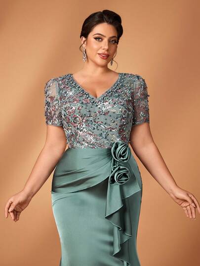 Serin Elegant Luxurious Beaded, Sequin, Bubble Pearl, Diamond Lace Patchwork Elastic Knit Satin Ruched 3D Floral Ruffle Mermaid Hem Skirt, Suitable For Weddings, Events, Parties, Holidays, Bridal, Mother Of The Bride Dresses