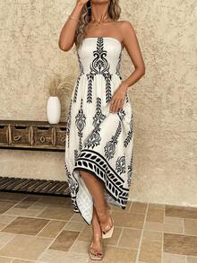 Solivie Đầm in họa tiết cổ điển dành cho nữ, phong cách thường ngày đi nghỉ mát. - Màu be - Xem 3