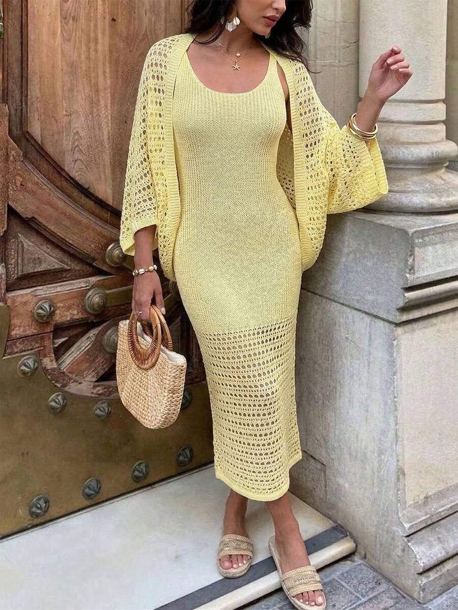 Selianne 春夏新款度假风穿搭，镂空针织披肩和吊带连衣裙套装，女士毛衣两件套 - 黃色 - 查看 1