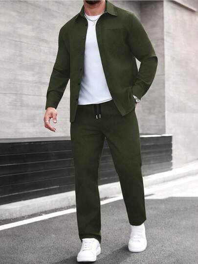 Manfinity CasualCool Men's Long Sleeve Shirt Collar Button-Up Shirt And Pants Set, Autumn/Winter