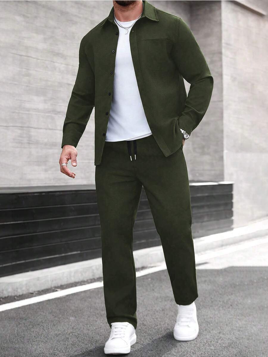 Manfinity CasualCool Men's Long Sleeve Shirt Collar Button-Up Shirt And Pants Set, Autumn/Winter - Army Green - View 1