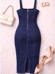 Vestido largo de mezclilla tipo lápiz - Azul Marino - Ver 4