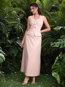 Modelyn 女士春夏提花面料时尚领饰收腰优雅两件套 - 粉色 - 查看 8