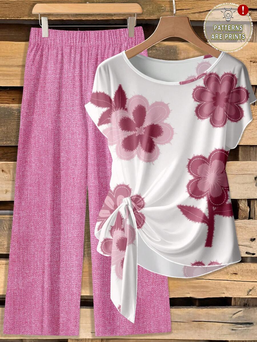 SHEIN Clasi 休闲复古优雅通勤百搭暖粉色花卉印花图案，沙滩/度假装，夏季外出女式衬衫配蝴蝶结和宽松直筒裤两件套 - 彩色 - 查看 1