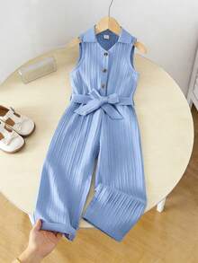 Girls' Casual All-Match Versatile Collared Button-Front Belted Soft Crinkle Denim Look Jumpsuit Pants, Suitable For Autumn, Picnics, Outings, Matching Sets, Daily Wear - Blue - View 1