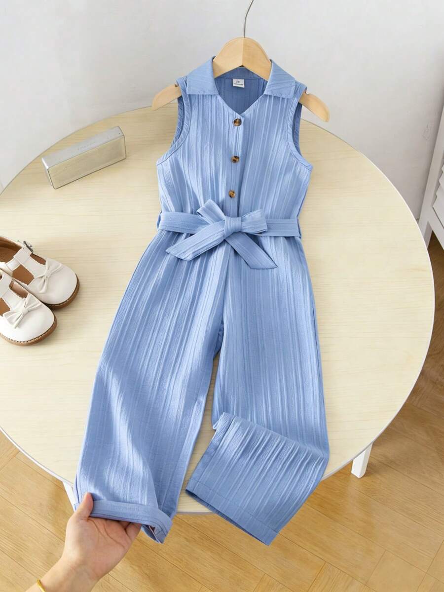 Girls' Casual All-Match Versatile Collared Button-Front Belted Soft Crinkle Denim Look Jumpsuit Pants, Suitable For Autumn, Picnics, Outings, Matching Sets, Daily Wear - Blue - View 1
