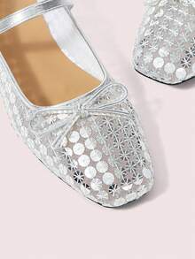 CUCCOO DOLLMOD Ladies Silver Mesh Sequins Decorative Sweet Bow Decorative Design French Low Vamp Breathable Mary Jane Shoes Upper Sequined Mesh Material Suitable For Spring And Summer Wear - Silver - View 5