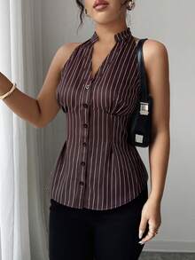 Elenzga Women's Striped Single-Breasted V-Neck Casual Halter Shirt - Coffee Brown - View 4