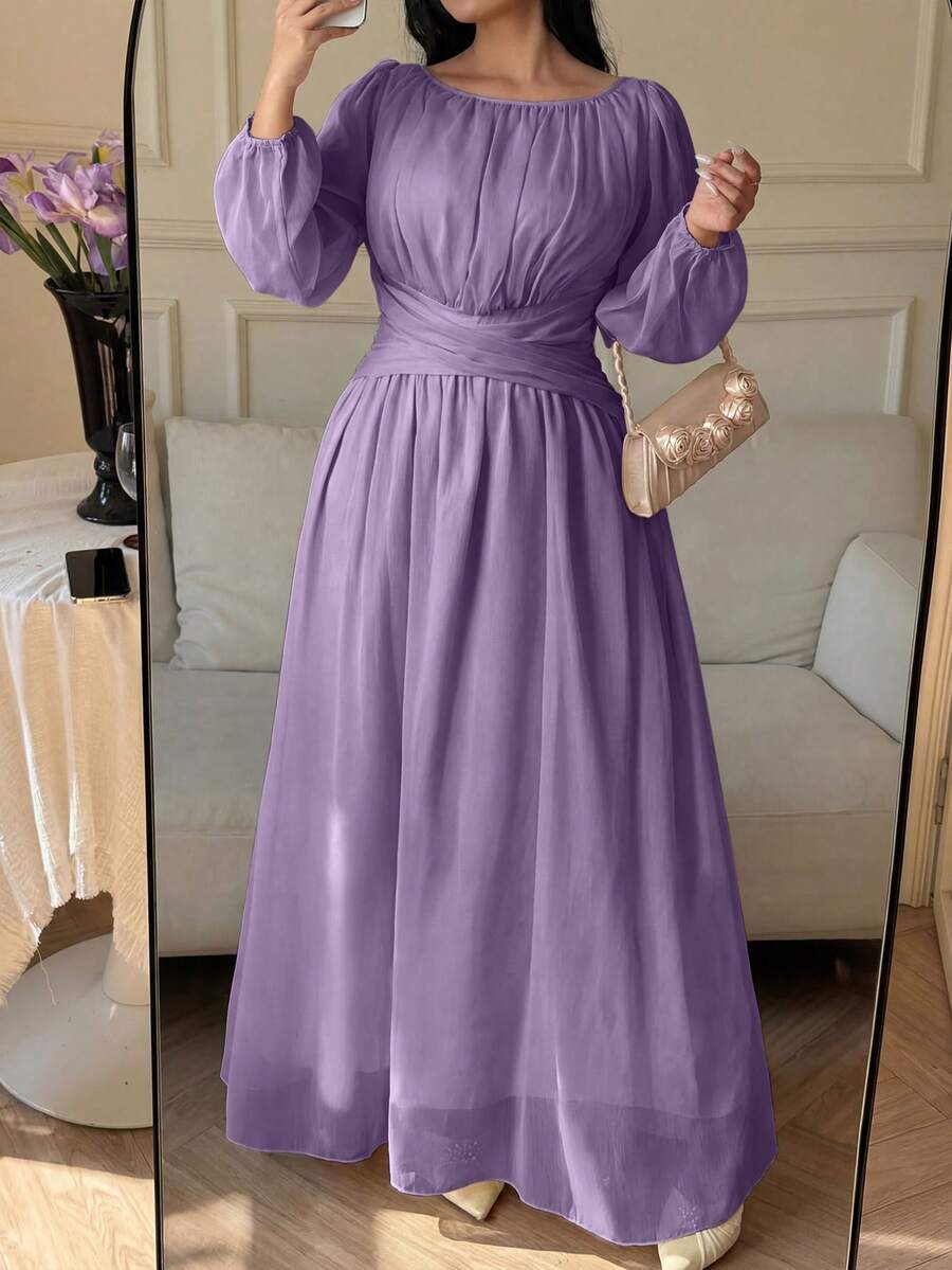 Vibekara Đầm dài đến mắt cá chân dáng chữ A, cạp cao, xếp ly, chất liệu chiffon Pháp thanh lịch, màu mơ, cỡ lớn. - Màu tím - Xem 1