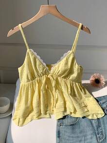 Comfortcana Women's Hollow Out Embroidery Front Tie Casual Camisole Top - Yellow - View 8
