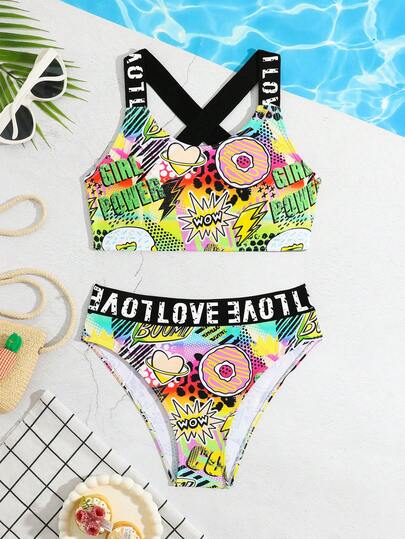 2pcs/Set Minimalist Design Criss-Cross Strap Top With LOVE Tape Colorful Printed Swimsuit, Fashionable And Distinctive, Suitable For Swimming, Vacation, Summer Wear, Essential Swimming Item