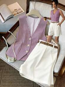 GlowEve 女士优雅通勤紫色条纹V领单排扣修身无袖上衣 + 女士优雅通勤白色人字纹双口袋设计短裤，春夏款 - 彩色 - 查看 1