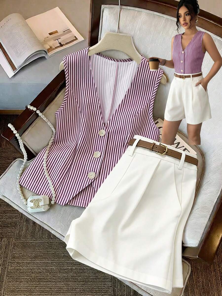 GlowEve 女士优雅通勤紫色条纹V领单排扣修身无袖上衣 + 女士优雅通勤白色人字纹双口袋设计短裤，春夏款 - 彩色 - 查看 1