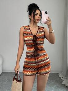 Elenzga 女士优雅针织提花几何图案V领无袖修身上衣 + 女士优雅休闲修身短裤，春夏款 - 彩色 - 查看 3