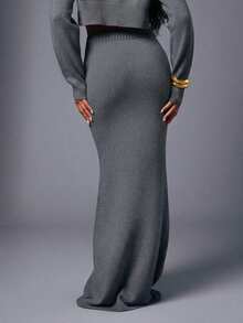 Hauture Sexy Casual Simple Basic Knitted Heather Melange Middle Rise Mermaid Sweater Maxi Skirt - Grey - View 2