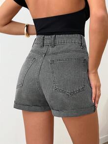 SHEIN High Waist 90's Style Grey Denim Short Folded Hem Detailed - Grey - View 4