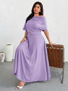 Firerie Plus Size Solid Color Asymmetrical Shoulder Short Sleeve Long Casual Elegant Summer Dress - Purple - View 5