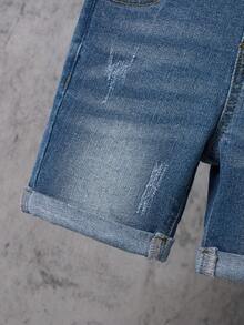 SHEIN Young BoyNavy Blue Denim Elastic Suspender Shorts - Light Wash - View 6