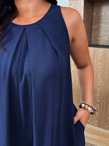 Weeklong Plus Size Casual Pleated A-Line Jumpsuit Fall - Navy Blue - View 5