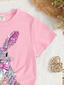 Elladie kids 1件女童休闲可爱碎花夏季度假印花针织圆领短袖T恤，适合夏季度假外出穿着，2026春夏新款，夏季穿搭 - 粉色 - 查看 6